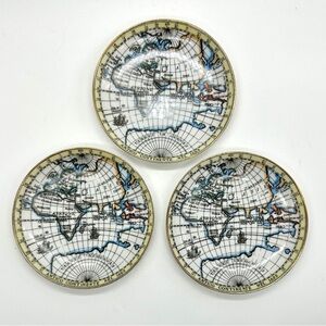 Set of 3 Vintage Antico Continente Nel 1683 Mini Map of World 4" Plates Coasters